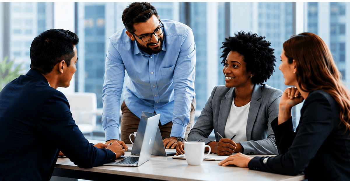 Technology consultants collaborating in a modern office